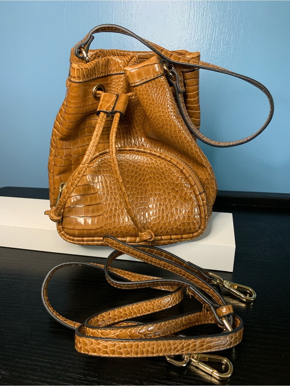 ASOS Tan Croc-Effect Drawstring Bucket Crossbody (extra strap)